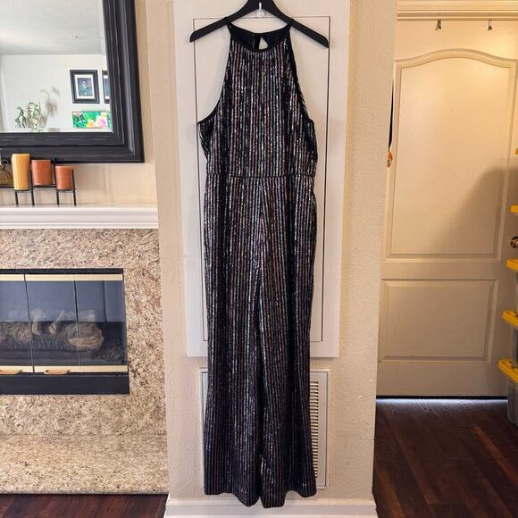 Anthropologie Maeve Disco Halter Jumpsuit Sequined Halter Neck Size 14 Glam - Picture 9 of 13